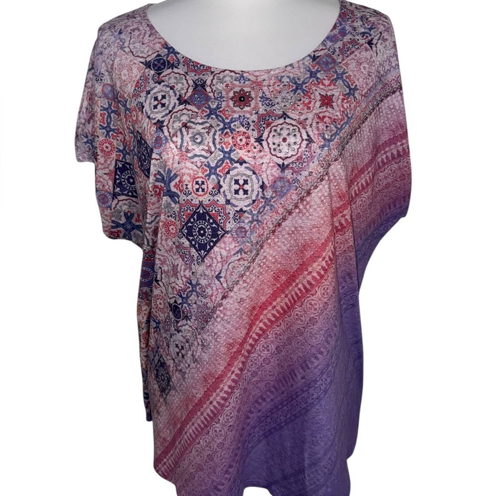 Energe World Wear Boho Tunic Top Women’s XXL‎ Multicolor Tile Print Short Sleeve
